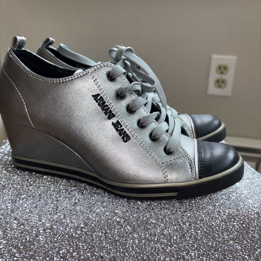 Armani Jeans Silver Black Wedge Sneakers